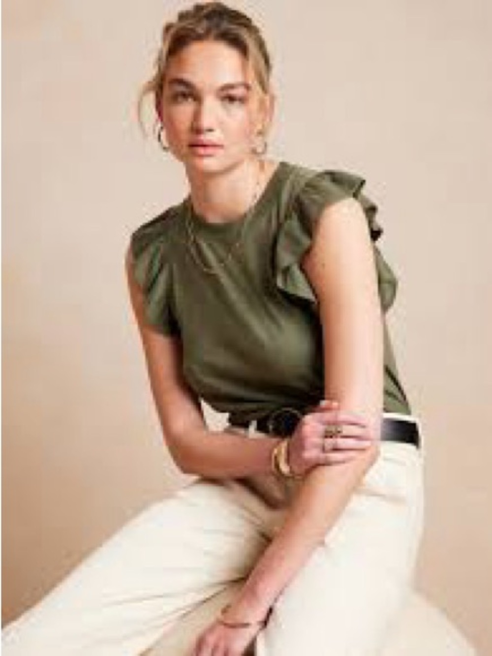 Banana Republic Factory Malibu Sleeveless Tee Tank Top Ruffe Olive Green Sz XS